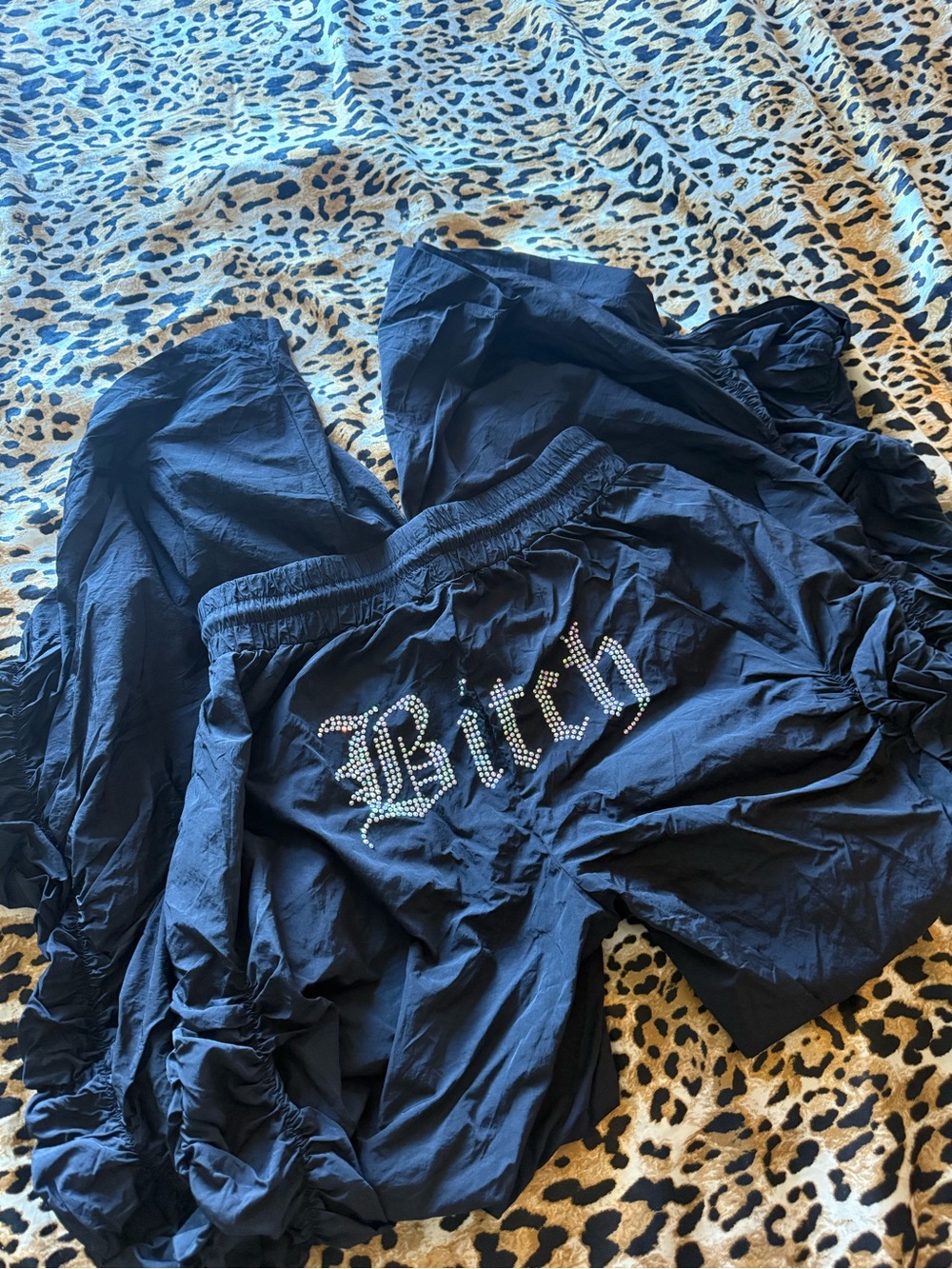 Black Rhinestone Not Nice Rouched Parachute Pants